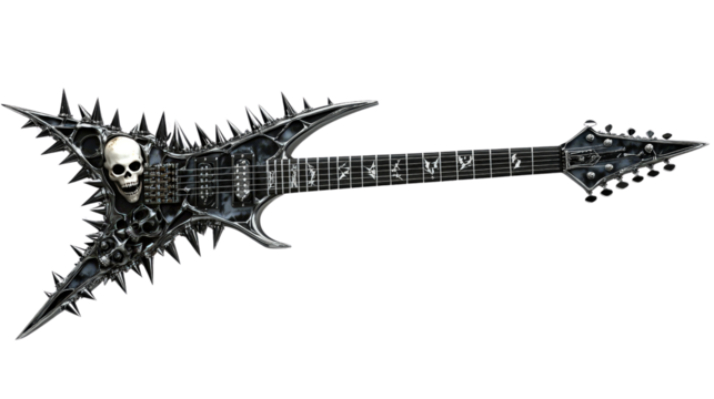 Heavy metal guitar with spikes, skulls, and aggressive styling, background isolated on a Transparent background, PNG file. - Powered by Adobe