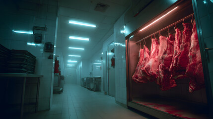 Conditions de travail dans une salle de transformation de viande pendant la nuit avec éclairage artificiel