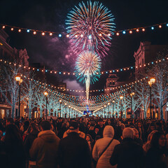 Bright multicolor firework sparkles over city