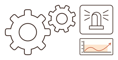 Interconnected mechanical gears, alert signal light, and upward growth chart. Ideal for teamwork, productivity, efficiency, problem-solving, innovation system management and development. Simple