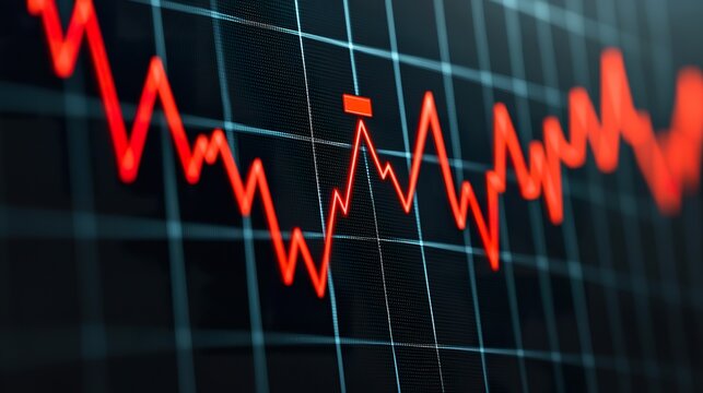Detailed view of a digital graph showing a sharp decline, red line, financial downturn