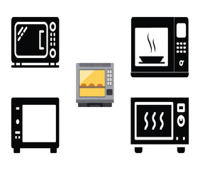 Vector Illustration of Kitchen Appliances &ndash; Microwave, Oven with Cake, and Stove with Steam on White Background