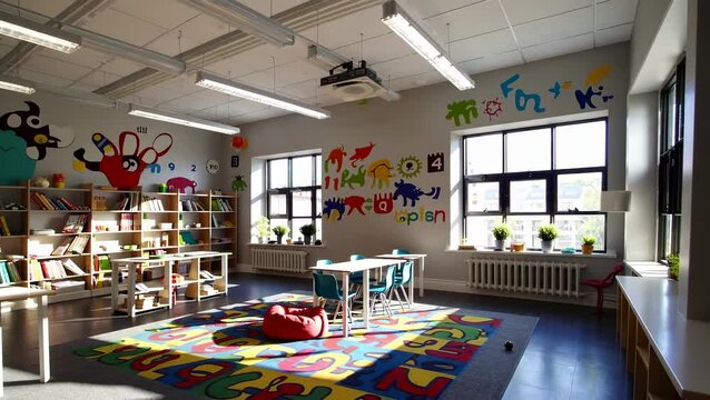 Bright and Colorful Classroom with Educational Decor and Natural Light                               
