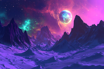Surreal alien landscape with a glowing pink planet rising over a mysterious extraterrestrial terrain, generative AI