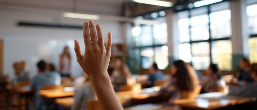The hand raised in a dynamic classroom setting filled with eager learners. - Powered by Adobe