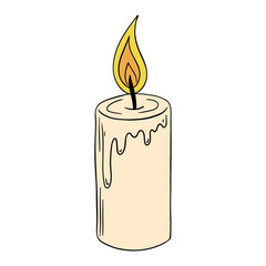 Old and vintage candle wax light fire with melted effect. Romantic, cozy, spiritual, birthday, anniversary or Halloween occasion line art element collection 