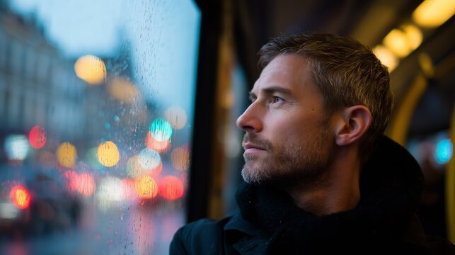 Man gazes thoughtfully out of a bus window on a rainy evening in a bustling city - Powered by Adobe
