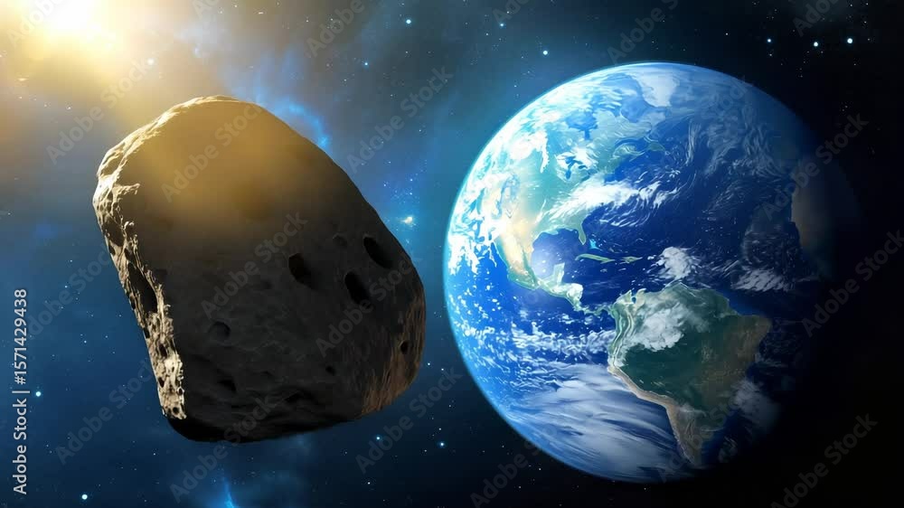 Poster large asteroid with crater-like surface moving close to planet with visible continents and cloud for