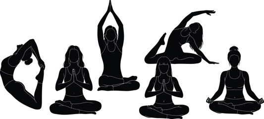 Yoga poses vector illustration, silhouette of women in yoga asanas practice
