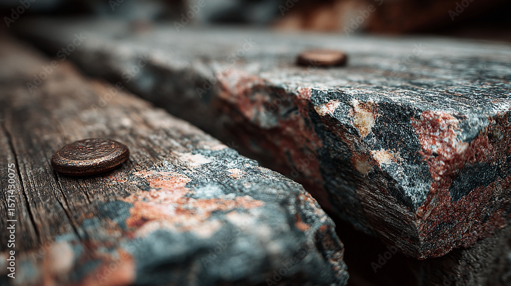 Poster a close up shot of weathered wood and stone with embedded metal discs in a shallow depth of field