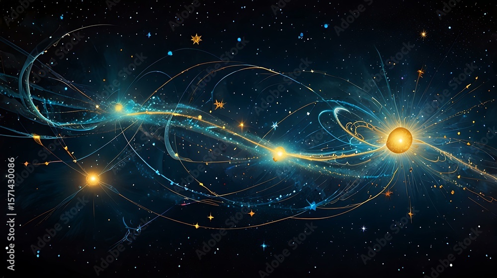 Wall mural abstract art representing cosmic energy intertwining with comets.