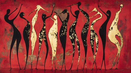 A vibrant depiction of stylized figures in motion on a rich red background.