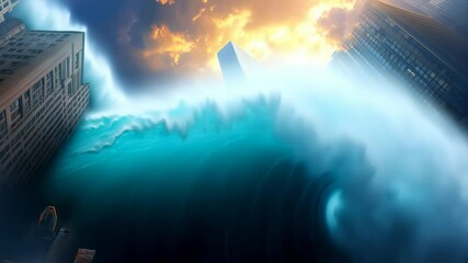 Enormous turquoise tsunami wave surging between tall glass skyscrapers with fiery orange sky, devastating urban environment with powerful destructive force. Dramatic disaster scene
