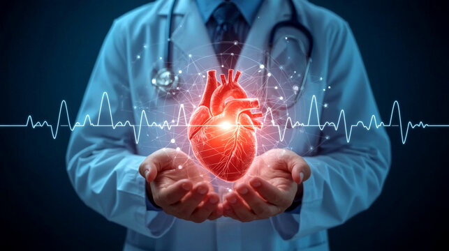 Doctor cardiologist shows a heart donor, doctor in a white coat with a stethoscope holds a realistic, glowing human heart in their cupped hands. The heart is surrounded