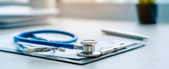 The stethoscope on a doctor's desk amidst medical tools and documents