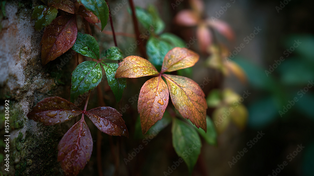 Poster close up of colorful leaves with water droplets clinging to them on a textured background outside