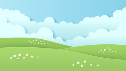 Landscape scenery with mountain and white cloud in summer blue sky background. Nature landscape. Paper cut and craft style illustration