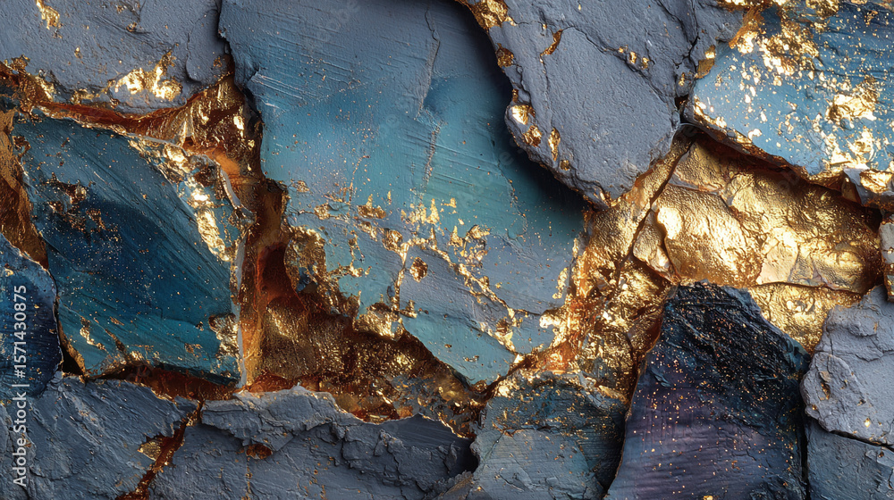 Poster close up of textured rock formations with blue and gold accents creating an abstract pattern