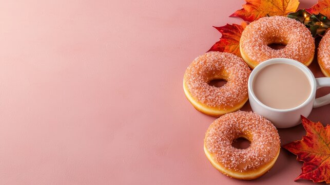 Sugared donuts and a cup of hot beverage are surrounded by colorful autumn leaves and fairy lights, creating a cozy atmosphere for fall holidays on a pink background - Powered by Adobe