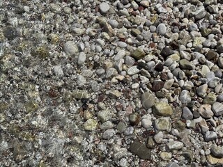 Clear, clean water runs over colorful pebbles. Surf on a pebble beach close-up.