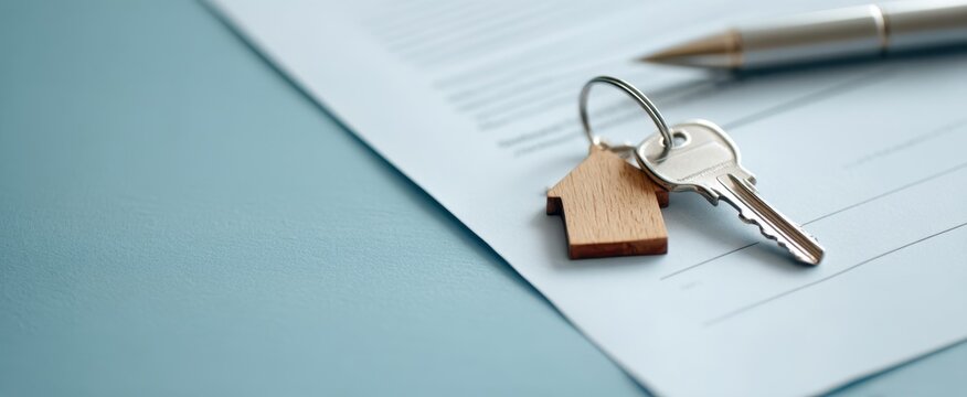 The keys and house-shaped keychain on a real estate document. - Powered by Adobe