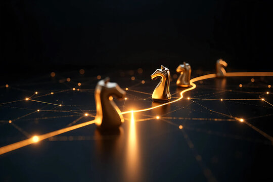 Top-down concept of a strategic planning network with gold route lines on a black background, pawns as decision points, and a hand making a move, symbolizing leadership, logic, and direction