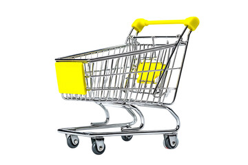 Empty shopping cart with yellow label.  Concept of shopping, retail, and consumerism.