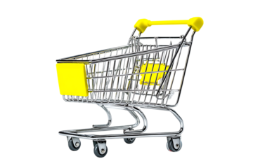 Empty shopping cart with yellow label. Concept of shopping, retail, and consumerism.