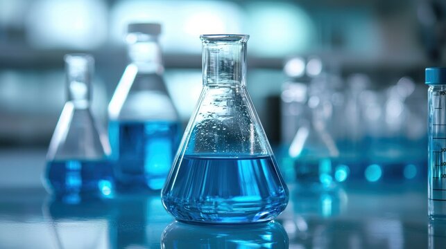 A blue liquid in a conical flask with a glass stopper, surrounded by other flasks and a glass tube on a laboratory table.