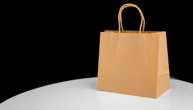 A brown paper shopping bag with handles placed on a white round surface with a deep black background behind. The bag has a clean and tidy appearance, ready to be filled or already with purchases insid