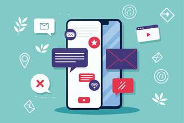 Vector illustration Mobile marketing strategy. Smartphone displaying notification icons & growth.