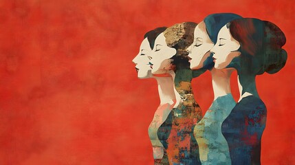 Fototapeta premium Four women in profile, serene expressions, on a vibrant red background.