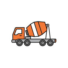 A concrete mixer truck with a bright orange and gray color palette.