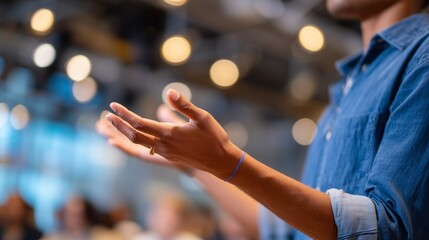 Engaging speaker presents ideas in a modern conference setting during a collaborative session