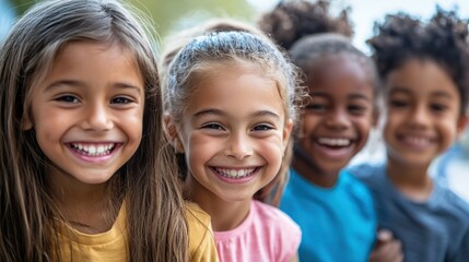 Fototapeta premium Four children standing outdoors, smiling and laughing.