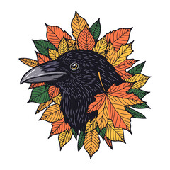 crow portrait with autumn leaves, raven sketch, fall illustration