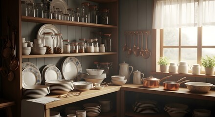 A well stocked pantry with dishes jars and pots on wooden shelves in a bright and airy kitchen