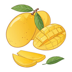 Fototapeta premium Ripe mango fruit, sliced and whole, with green leaves