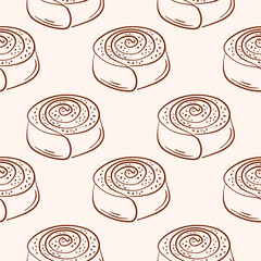 Cinnamon roll pastry seamless pattern in line art style. Perfect for bakery wallpaper, food packaging, breakfast menu design and sweet pastry theme.