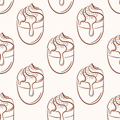 Seamless pattern with creamy dessert in cup drawn in line art style on beige background. Coffee mug wallpaper for bakery, cafe menu, packaging and sweet food design.