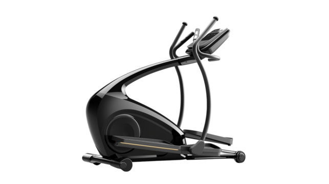 Sleek black elliptical trainer offers a modern exercise machine for home gym fitness. isolated on transparent background