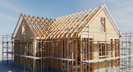 Obraz premium House under construction with wooden frame and scaffolding against a clear blue sky background view
