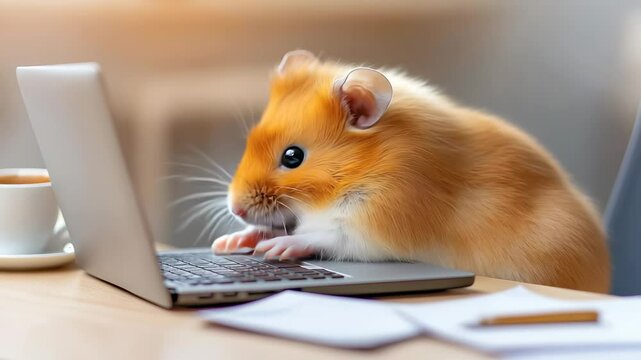 Curious golden hamster investigating modern workspace, perched near laptop and office accessories. Playful rodent examining keyboard with tiny paws, embodying unexpected workplace companion.