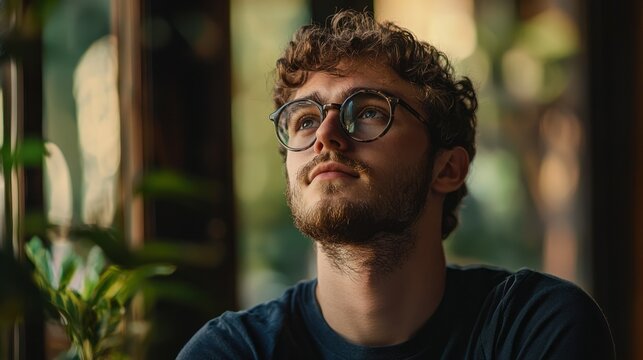 A man with curly hair wearing glasses, sitting in a cafe with a plant in the background.