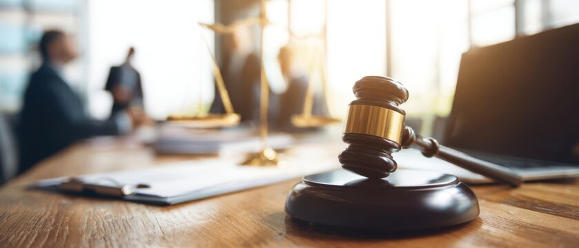 The gavel on a law office desk with blurred professionals in the background.