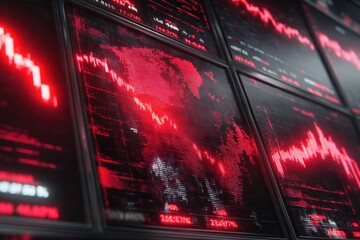 Wall of digital financial screens showing red arrows and falling markets, overlay of globe with red alert signal glowing, economists discussing in the background.