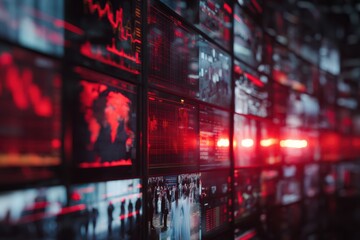 Wall of digital financial screens showing red arrows and falling markets, overlay of globe with red alert signal glowing, economists discussing in the background.