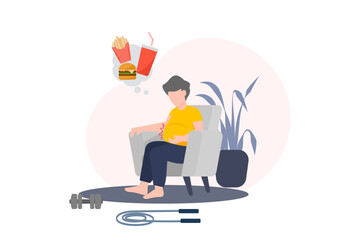 Flat style illustration of an overweight young man sitting on a chair, daydreaming about fast food, surrounded by unused fitness gear. Concept of poor lifestyle and health care.