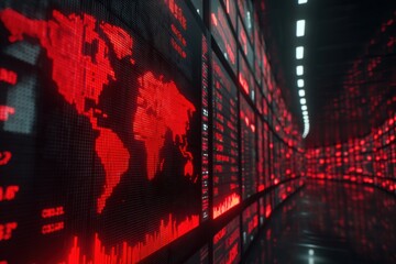 Wall of digital financial screens showing red arrows and falling markets, overlay of globe with red alert signal glowing, economists discussing in the background.