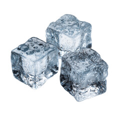 Clear, transparent, frozen water cubes isolated on a clean white background